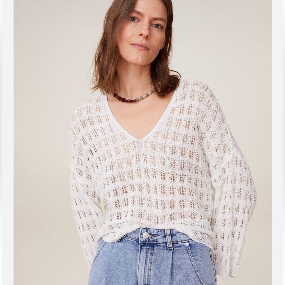 Mango White Knit V-Neck Top